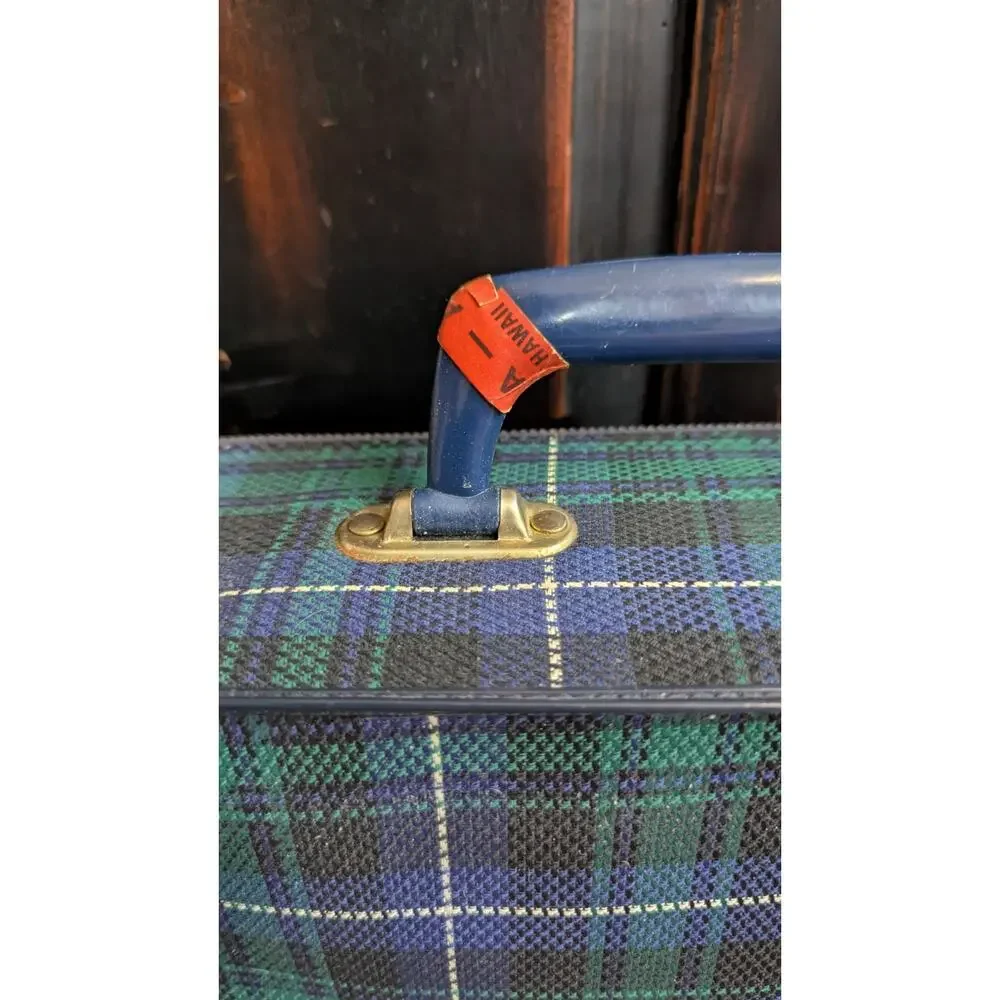 Vtg UTA French Airlines Cabin Suitcase Tartan Plaid Carry On Bag Small 1950s